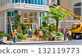 Miniature modern green building diorama with construction workers and eco-friendly landscaping 132119773