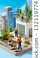 Miniature modern green building diorama with construction workers and eco-friendly landscaping 132119774