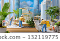 Miniature modern green building diorama with construction workers and eco-friendly landscaping 132119775