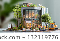 Miniature modern green building diorama with construction workers and eco-friendly landscaping 132119776