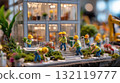 Miniature modern green building diorama with construction workers and eco-friendly landscaping 132119777