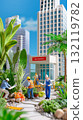 Miniature modern green building diorama with construction workers and eco-friendly landscaping 132119782
