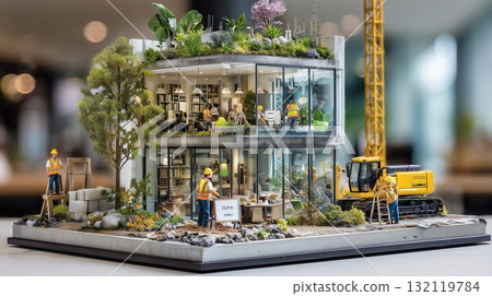 Miniature modern green building diorama with construction workers and eco-friendly landscaping 132119784