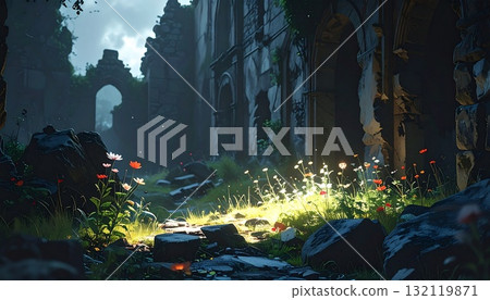 A fantastical landscape of light shining through ruins and small flowers blooming 132119871