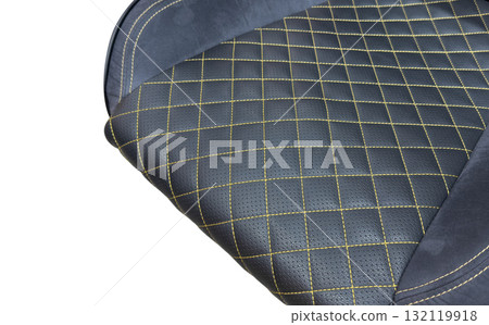 Modern luxury car blue leather interior. Part of blue leather car seat details with yellow stitching. Interior of prestige car. Perforated leather seats isolated. Perforated leather. 132119918
