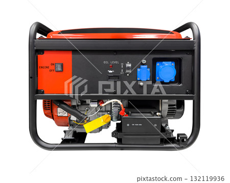 Portable electric AC generator isolated on white background. Diesel or petrol generator for home and industrial use. Gasoline powered engine. Backup energy. Portable electric AC generator isolated on white background. Diesel or petrol generator for home and industrial use. Gasoline powered engine. Backup energy. 132119936