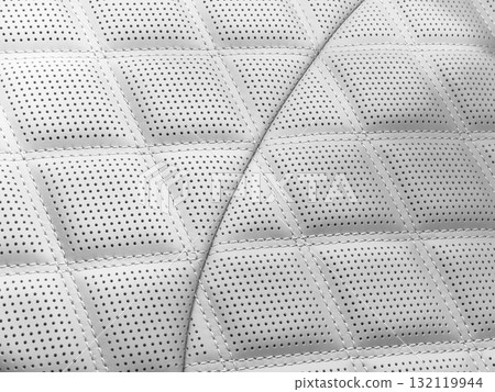 Car white leather interior. Part of perforated leather car seat details. White Perforated leather texture background. Texture, artificial leather with stitching. Perforated seats 132119944