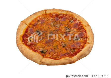 Tasty pizza with ham and mushrooms isolated on a white background. Sliced ham pizza overhead view. Tasty pizza with ham and mushrooms isolated on a white background. Sliced ham pizza overhead view. 132119966