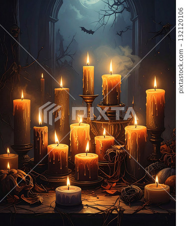 Halloween candles casting an eerie light in the darkness and an old castle lit by moonlight 132120106