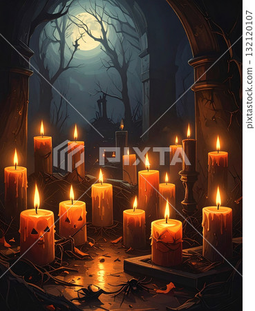 Halloween candles casting an eerie light in the darkness and an old castle lit by moonlight Halloween candles casting an eerie light in the darkness and an old castle lit by moonlight 132120107