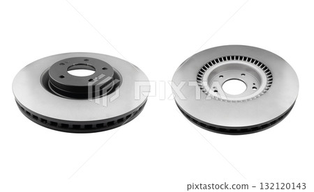 Car brake disc isolated on white background. Auto spare parts. Perforated brake disc rotor isolated on white. Braking ventilated discs. Quality spare parts for car service or maintenance 132120143