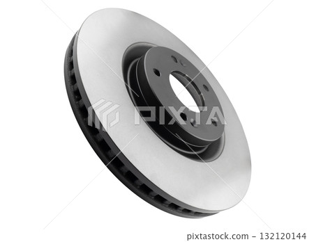 Car brake disc isolated on white background. Auto spare parts. Perforated brake disc rotor isolated on white. Braking ventilated discs. Quality spare parts for car service or maintenance Car brake disc isolated on white background. Auto spare parts. Perforated brake disc rotor isolated on white. Braking ventilated discs. Quality spare parts for car service or maintenance 132120144