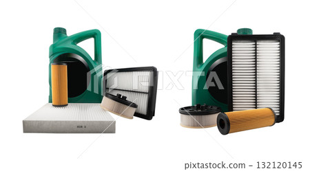 Car engine oil and filters isolated on white background. Car oil, air, fuel filters and motor oil in plastic can isolated. Quality spare parts for car service or maintenance. Car engine oil and filters isolated on white background. Car oil, air, fuel filters and motor oil in plastic can isolated. Quality spare parts for car service or maintenance. 132120145