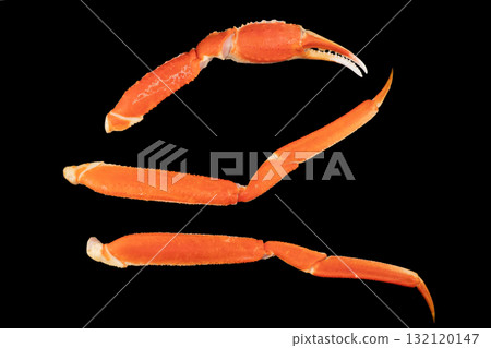 Cooked Peruvian Southern King crab leg isolated on a black background. Crab claws isolated on black background Cooked Peruvian Southern King crab leg isolated on a black background. Crab claws isolated on black background 132120147