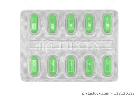 Macro shot pile of tablets pill in silver blister packaging isolated on white background. Aluminium foil blister pack. Pharmacy products. Medicine pills and drugs close up. Pills background Macro shot pile of tablets pill in silver blister packaging isolated on white background. Aluminium foil blister pack. Pharmacy products. Medicine pills and drugs close up. Pills background 132120152