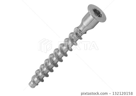 Screw  isolated on white backgroun. Macro shot metal self-tapping screw. Chromed screw bolt isolated. Nuts and bolts. Tools for work. 132120158
