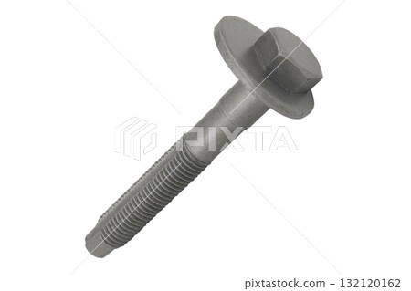 Camber adjusting bolts close-up isolated on white background. Cam bolt isolated. Eccentric screw bolt for adjusting the angle of the wheel isolated. 132120162