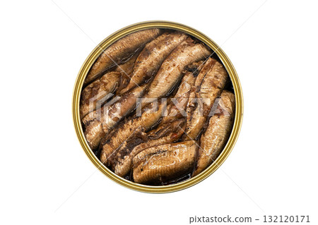 Sprats fish in a metal jar isolated on a white background with clipping path. Top view. Sprats in a metal can with oil. Smoked canned sprats isolated 132120171