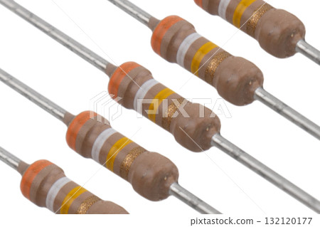Electronic resistors texture isolated on white background. Carbon film resistors isolated. Macro shot various electronic components 132120177