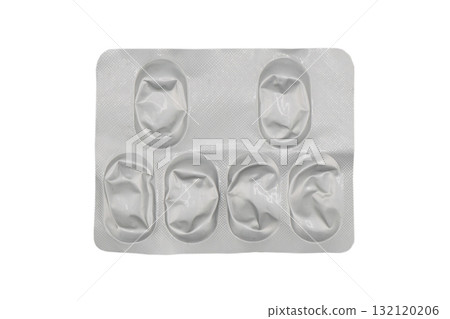 Empty pills of blister pack isolated on white background. Empty silver blister. Used blister pill. Empty blister pack from drugs. 132120206