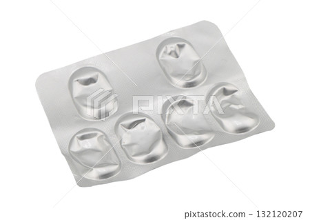 Empty pills of blister pack isolated on white background. Empty silver blister. Used blister pill. Empty blister pack from drugs. Empty pills of blister pack isolated on white background. Empty silver blister. Used blister pill. Empty blister pack from drugs. 132120207