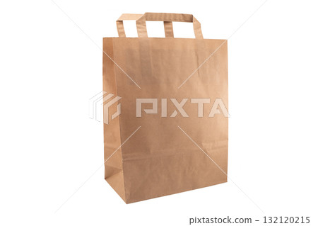 Side yellow empty blank disposable paper fast food tray isolated on white background. Paper bag isolated. Paper package 132120215