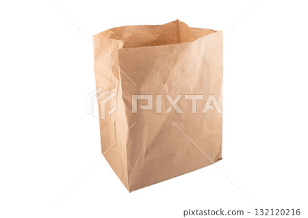 Side yellow empty blank disposable paper fast food tray isolated on white background. Paper bag isolated. Paper package Side yellow empty blank disposable paper fast food tray isolated on white background. Paper bag isolated. Paper package 132120216