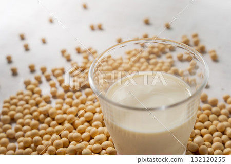 Soybeans and a glass of soy milk 132120255