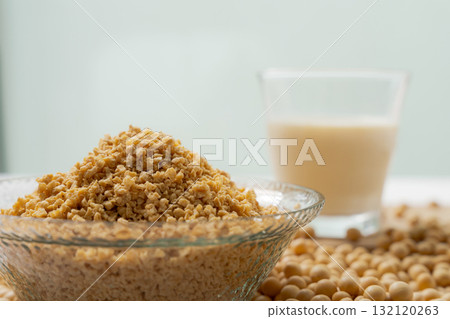 Soybean mince and a glass of soy milk 132120263
