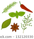 烹飪中常用香草的向量插圖：辣椒、百里香、迷迭香、八角、羅勒和月桂葉。 132120330