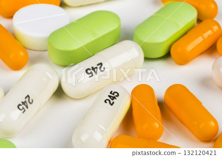 Medicine pills background. Heap of medicine pill. Close up of medicine. 132120421