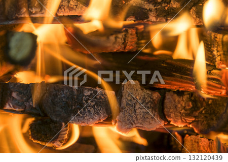Burning firewood in the fireplace close up, BBQ fire burning Burning firewood in the fireplace close up, BBQ fire burning 132120439