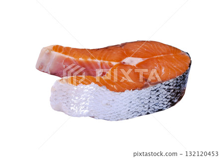 Fresh salmon steak isolated on the white background. Salmon Red Fish Steak. Large Pile of trout steak. Big pieces raw salmon. Fresh salmon steak isolated on the white background. Salmon Red Fish Steak. Large Pile of trout steak. Big pieces raw salmon. 132120453