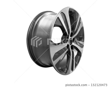 Car alloy wheel isolated on white background. New alloy wheel for a car on a white background. Alloy rim isolated. Car wheel disc. 132120473
