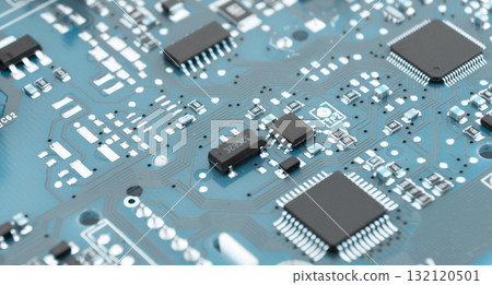 Circuit board with resistors microchips and electronic components background. Computer hardware technology. Integrated communication processor. Circuit board with resistors microchips and electronic components background. Computer hardware technology. Integrated communication processor. 132120501