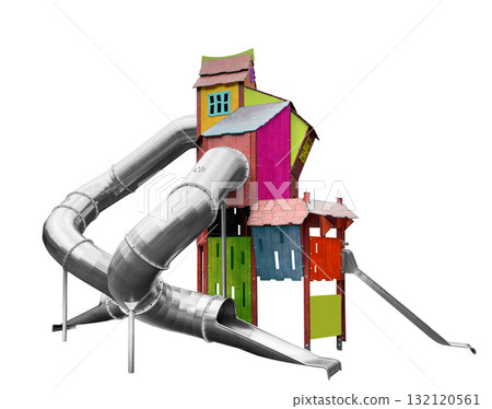 Playground for children in the yard isolated on white background. Children's slide. Colorful children playground isolated. Playground equipment for children Playground for children in the yard isolated on white background. Children's slide. Colorful children playground isolated. Playground equipment for children 132120561
