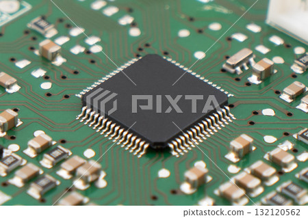 Circuit board with resistors microchips and electronic components background. Computer hardware technology. Integrated communication processor. Circuit board with resistors microchips and electronic components background. Computer hardware technology. Integrated communication processor. 132120562