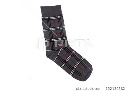 One sock with different lines isolated on white background. Colorful sock son white background. Colored socks on the leg isolated One sock with different lines isolated on white background. Colorful sock son white background. Colored socks on the leg isolated 132120582