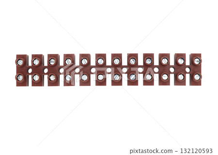 Electric wire connectors terminal strip block isolated on white background. Set of white plastic electrical terminal 132120593