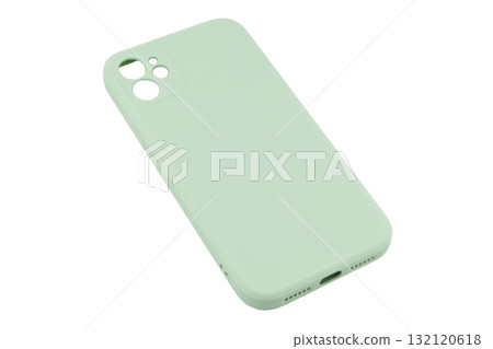 Mobile phone case isolated on white background. Smart phone case isolated. Blue silicone case for smartphone or phone with cutouts for the camera. Mobile phone case isolated on white background. Smart phone case isolated. Blue silicone case for smartphone or phone with cutouts for the camera. 132120618