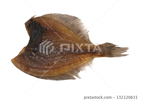 Dried flounder isolated is on white background. Background of dried flounder. Dried flatfish isolated. Dried flounder isolated is on white background. Background of dried flounder. Dried flatfish isolated. 132120631