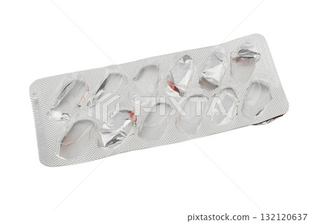 Empty pills of blister pack isolated on white background. Empty silver blister. Used blister pill. Empty blister pack from drugs. 132120637