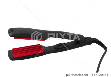 Hair curling iron isolated on white background. Electric curling iron with ceramic plates isolated. 132120641