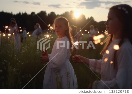 Saint John's Festival (Jonines, Saint John's Day, Ivana kupala) midsummer pagan folk festival illustration. Generative AI 132120718