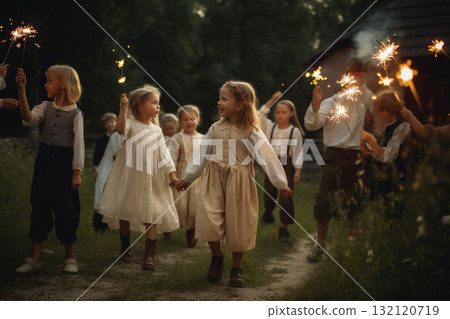 Saint John's Festival (Jonines, Saint John's Day, Ivana kupala) midsummer pagan folk festival illustration. Generative AI 132120719