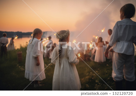 Saint John's Festival (Jonines, Saint John's Day, Ivana kupala) midsummer pagan folk festival illustration. Generative AI 132120720