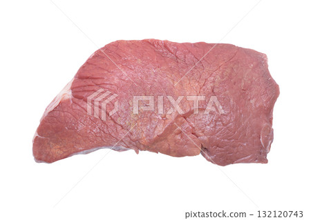 Beef red meat texture background. Fresh beef piece isolated on whhite background. Meat texture. Macro shot raw fillet of beef steak. 132120743