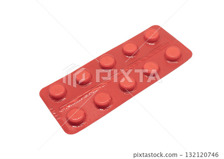Macro shot pile of white tablets pill in red blister packaging isolated on white background. Aluminium foil blister pack. Pharmacy products. Medicine pills and drugs. Pills background 132120746