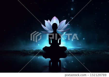 Transcendental chakras space meditation woman silhouette. Generative AI Transcendental chakras space meditation woman silhouette. Generative AI 132120789