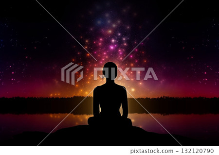 Transcendental chakras space meditation woman silhouette. Generative AI Transcendental chakras space meditation woman silhouette. Generative AI 132120790